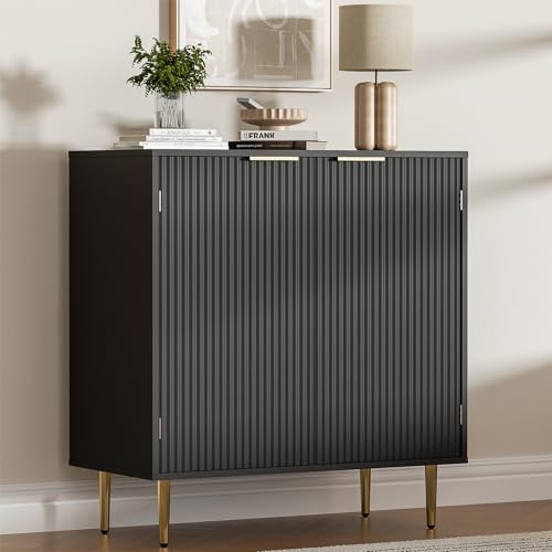 Housoul Buffet Sideboard Cabinet with 2 Doors, Modern Kitchen Cabinet with Golden Handles & Legs, Adjustable Shelf, Accent Coffee Bar Storage Sideboard for Kitchen, Living Room, Black