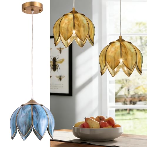 Image of Brass Glass Ceiling Tiffany Pendant Light, Hanging Chain lamp, with Vintage Lotus Flower Glass Shade for Kitchen Island Dining Room Bedroom Living Room-9.25 inch Stained Glass Shade