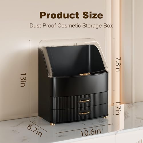 Image of Makeup Organizer Countertop Vanity with Transparent Lid Drawers Waterproof Dustproof Cosmetic Skincare Bathroom Storage Gift for Women Teens Girls (Black)