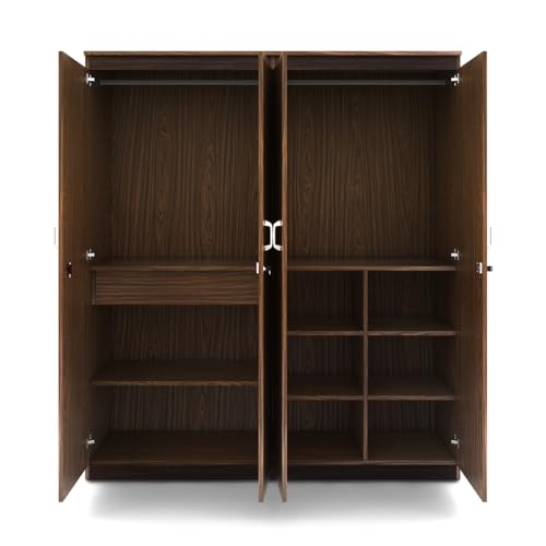 Image of Coral 4 Door Wardrobe | Engineered Wood | Mexican Walnut Finish | Hanging Rods, Shelves | Modern Storage Solution for Bedroom | Knock-Down Assembly | 3-Year Warranty