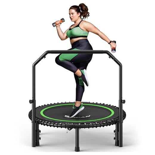 BCAN Adult Mini Trampoline, 40" Fitness Trampoline with Bungees, U Shape Adjustable Foam Handle, Stable & Quiet, Indoor Outdoor Workout-Green