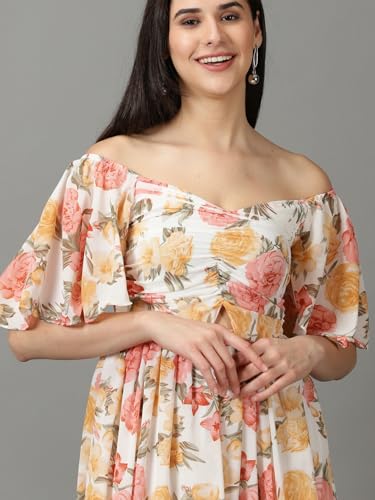 Image of SHOWOFFFF Women Printed Fit and Flare Casual Dress | V Neck Half Sleeves Chiffon Dress for Womens | Maxi Dress for Women's
