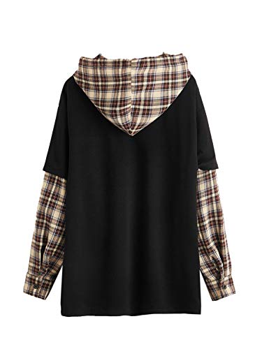 Sweatyrocks Women's Casual Plaid Long Sleeve Hooded Sweatshirt Drop Shoulder Drawstring Hoodie With Pocket Stripe Black Medium #TOP1