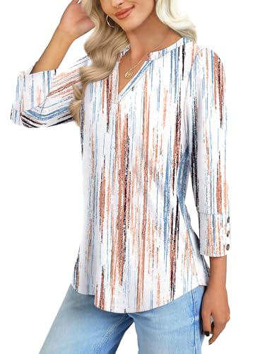 NORACORA Womens Tops 3/4 Sleeve Printed Dressy Casual Blouses for Women V Neck T Shirts Beach Vacation Boho Floral Spring Summer Outfits Brown-Blue Stripes XXL — view 3