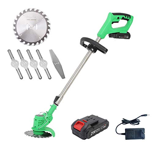 Faucheuses rotatives Coupe-bordures sans fil, Tube telescopique et 2nd poignée réglable, 12/21V Batterie+Chargeur+Lame scie circulaire + lame en métal + lame en plastique, outillage jardin,VOMI,21V