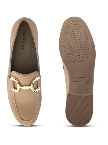 Image of San Frissco Women's Loafers | Solid Round Toe Slip-On Shoes for Women PU Moccasins with Horsebit & Buckle | Comfortable $ Lightweight for Casual, Office & Daily Use