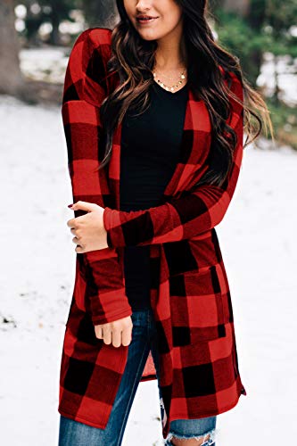Plaid Warm Cardigan Women's Long Sleeve Kimono Casual Christmas Open Front Cardigan Red XXL - Thumbnail 2