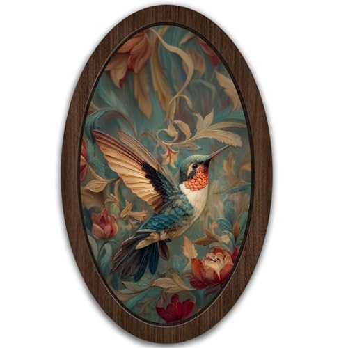UYIKG Vintage Hummingbird Wall Art Decor,Floral Bird Hummingbird Oval Wall Decor,Rustic Cottagecore Animal Botanical Oval Wooden Framed Decorations for Home Theme Room Bedroom Living Room 9x14.6 in