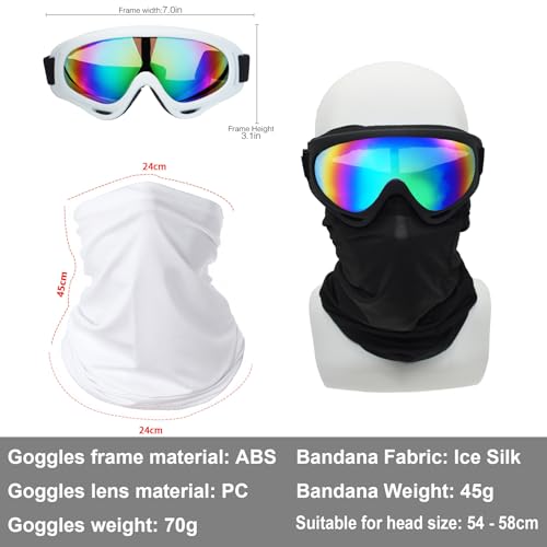 Image of LJDJ Motorcycle Goggles,2 Pack Dirt Bike ATV Motocross Riding Hiking Protective with 2 Pack Neck Breathable Bandana Mask (Black+White /Colorful)