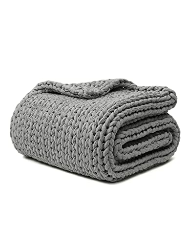 YnM 100% Cotton Weighted Blanket, Handmade Chunky Knitted Throw, No fillers Design, Soft and Breathable, Machine Washable Bed Blanket for Sleep or Home Decor (Lighte Grey, 80x84 Inch, 35lbs)