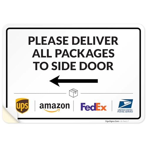Image of Package Delivery Sign, Delivery Instructions Deliver All Package to Side Door Left Arrow Sign, 10x7 Inches, 4 Mil Vinyl Decal Stickers Weather Resistant, Made in USA