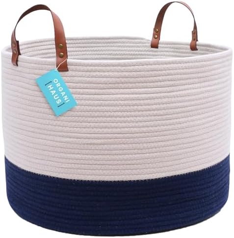 OrganiHaus Extra Large Cotton Rope Basket with Real Leather Handles | Woven Basket | Baby Woven Laundry & Blanket Basket | Large Toy Storage Basket for Kids & Rope Storage Basket Woven 50x33cm Blue