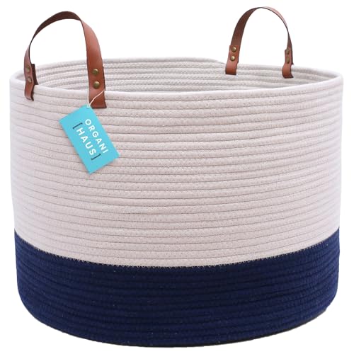 OrganiHaus Woven Basket for Storage, Toy Basket, Round Storage, Blanket Basket for Living Room, Large Storage Basket, Cotton Rope Basket, Laundry Basket Blue 50X33cm