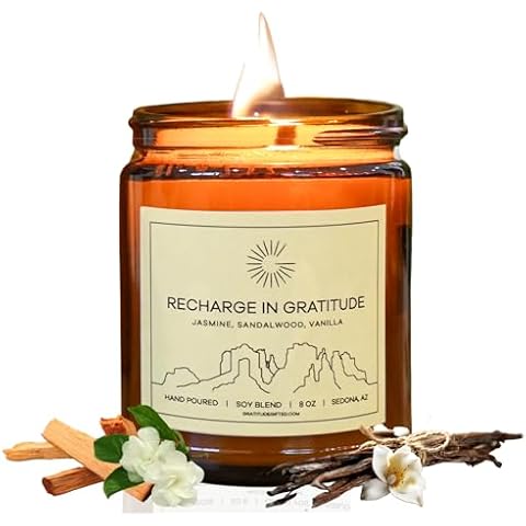 Recharge in Gratitude - 8 oz Natural Soy Candle with Jasmine, Sandalwood, and Vanilla Fragrances - Perfect Thank You Gift for Women & Men, Long-Lasting Aromatherapy Candle Cover