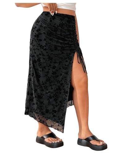 SHENHE Women's Plus Size Floral High Waist Slit Skirt Ruched Drawstring Asymmetrical Boho Long Skirt
