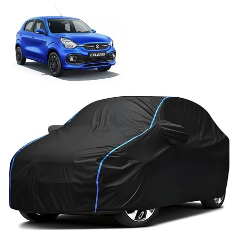 Image of Kerwa Car Body Cover Waterproof with Maruti Celerio, Dust & UV Resistant All-Weather Proof Full Body Cover, Black with Blue Lining, Triple Stitch Elasticated Bottom with Mirror Pocket
