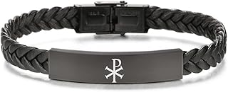 Dainty Black Leather Greek Chi XP Rho Name of Christ Bracelet for Men Women Catholic PX Christogram Constantine Cross Protection Bangle Religious Amulet Jewelry for Christian, 8.26 Inch