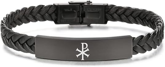Dainty Black Leather Greek Chi XP Rho Name of Christ Bracelet for Men Women Catholic PX Christogram Constantine Cross Protection Bangle Religious Amulet Jewelry for Christian, 8.26 Inch