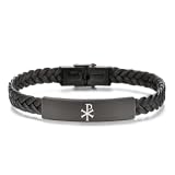 Dainty Black Leather Greek Chi XP Rho Name of Christ Bracelet for Men Women Catholic PX Christogram Constantine Cross Protection Bangle Religious Amulet Jewelry for Christian&comma; 8&period;26 Inch