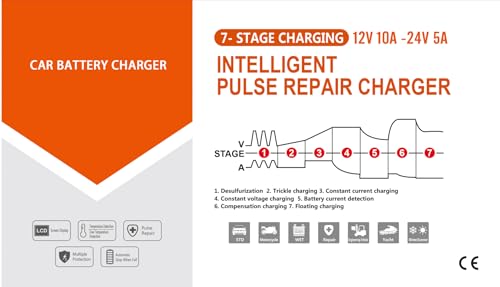 10Amp Car Battery Charger, 12V&24V Smart Battery Charger Maintainer with 7-Stage Charging Mode Repair for Car Truck Motorcycle Lead Acid Batteries, UK Plug, Yellow - Image 8