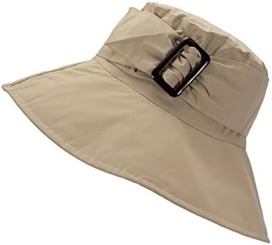 Cute Bucket Rain Hat w/Buckle Accent, 3.5 inch Wide Brim, Roll-Up Packable (Khaki)