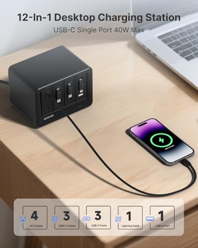 Image of Gitryin 12-in-1 Desktop Charging Station with 3 Retractable Type-C Chargers and 1 Lightning Charger, 160W USB-C Charging Hub with 33.5in Cable, 4 AC, 1 USB A Port, 3 USB C Ports