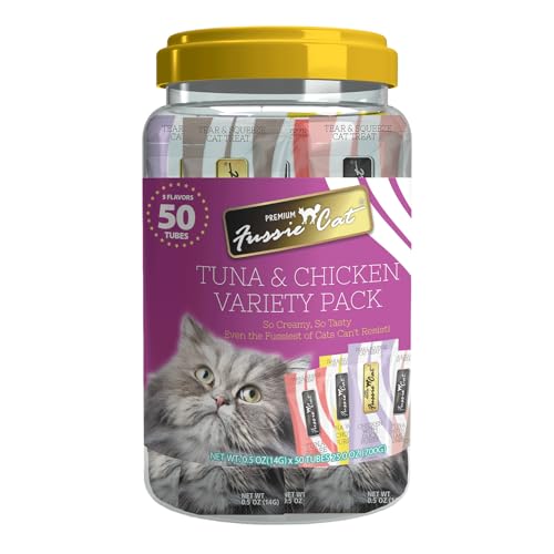 Fussie Cat, 0.5 Ounces Each, 50 Tubes, Tuna & Chicken Variety 5 Flavors