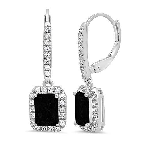 3.57 Ct Emerald Brilliant Round Cut Halo Solitaire Flawless Genuine Natural Black Onyx Gemstone Vvs1 Ideal Pair Of Leverback Drop Dangle Designer Earrings Solid 14K White Gold #TOP26
