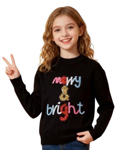 Xumplo Girls Ugly Christmas Jumpers Kids Sequin Letter Print Tops Xmas Pullover Childrens Round Neck Sweatshirts Black 7-8 Years