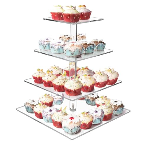 AUFIKR Torre cuadrada de 4 niveles para magdalenas, soporte de acrílico para exhibición de cupcakes, torre de árbol de postre para cumpleaños, boda, fiesta