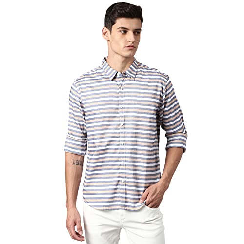 Image of Dennis Lingo Men's Cotton Slim Fit Striped Casual Shirt (Long Sleeves)