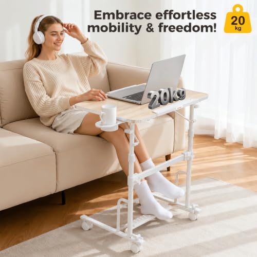 Image of TABLE MAGIC - AERO Desk | Height Adjustable (70-108 cm) Sit & Stand Folding Desk with Cup & iPad Holder | Portable Workstation Table with Wheels & Footrest (White)
