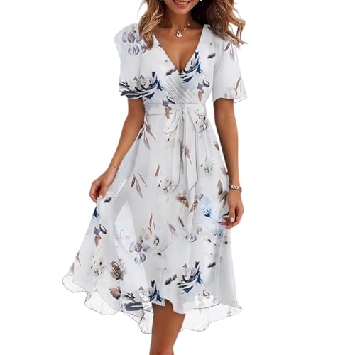 Dresses for Women 2026 Elegant Classy Boho Floral V Neck Belted Summer Sundress Wedding Guest Prom Cocktail Midi Dress 42-Light Brown Medium