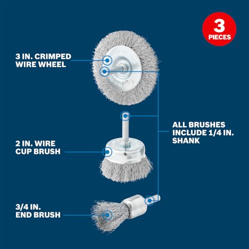 Image of BOSCH WB025V3 3-Piece Wire Brush Set - Crimped Wire Wheel, End Wire Brush & Wire Cup Brush for Efficient Paint, Varnish & Rust Removal - Compatible with Drill /Drivers for Easy Surface Preparation