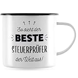 JUNIWORDS Emaille-Tasse, So sieht der beste Steuerprüfer der Welt aus!, Schwarzer Tassenrand (5873693)