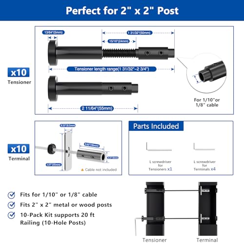 Image of 10 Pair Black Patent Swageless Invisible Cable Railing Kit, T316 Stainless Steel Reusable Tensioner & Terminals, Screw-Locking No Crimping for 2 inch x 2 inch Horizontal Metal Level Corner Post