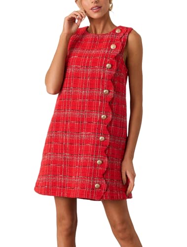 Womens Tweed Jackie Dress Elegant Crew Neck Sleeveless Plaid Mini Dress Shift Party Dress Red