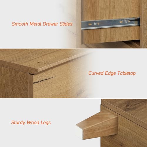 Image of WAMPAT Bedroom Dresser with 6 Drawers, Modern Chest of Drawers with Black Knobs, Wide Oak Brown Wood Finish Storage Organizer for Kids Room, Living Room, Nursery, 47.2x15.5x32.4