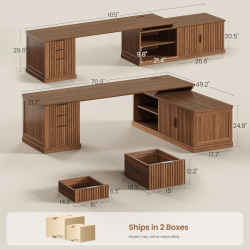 Image of SEDETA Fluted 70.9 inch L Shaped Desk with Drawers, Fluted Brown | Home Office Desk with Storage Cabinet and Storage Shelves,L Shaped Computer Desk with Power Outlet