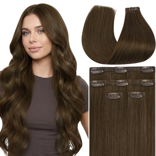 Image of Full Shine Seamless Clip in Hair Extensions, Chestnut Brown | Brown Hair Extensions, 16 Inch 65g 4 Pcs, Fill Thinning Sides, Silky Straight, Coffee Dates, Fine Hair, Easy to Blend