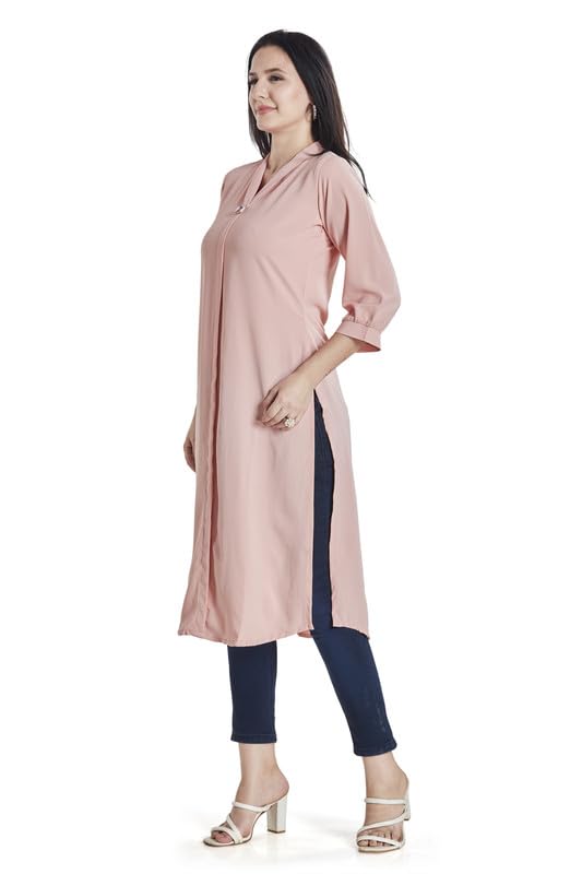 Image of nioni Women's Straight Solid Kurti with V-Fold Neck | Rayon Lycra Material | Fashionable Micro Pleates | 3 /4th Sleeve Kurta for Woman & Girls (S to 2XL)