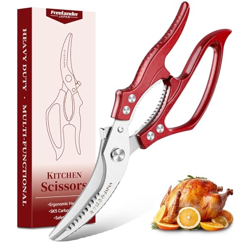 Freelander Geflügelschere Profi Küchenschere Fleischschere Scharf Knochenschere mit Rutschfestem Griff Hochwertige Hähnchenschere für Geflügel Fleisch Fisch Gemüse Meeresfrüchte Rot