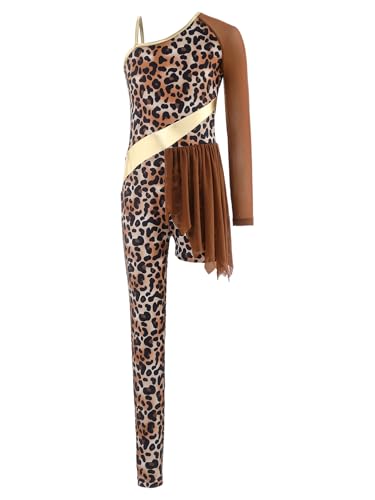 XUNZOO Enfant Justaucorps Cours Gymnastique Danse Spectacles Pour Fille Combinaison Leopard Une Pantalon Manche Brun 9-10 ans