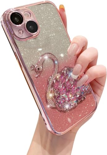 Elzzi Compatible with iPhone 15 Case Rhinestone Swan Cover, Sparkling Moving Glitter Cute Bling with Full Camera Lens Protection Shockproof PC+TPU Glossy Shiny Cases for Girls Women, Pink- Best and cheap mobile covers in India