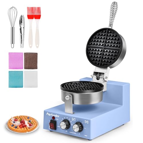 Image of Popfoodex Commercial Waffle Maker for Restaurant, 110V Electric Waffle Maker w/Non-stick and 122–572°F Adjustable Temp, 1200W Profession Waffle Iron with Timer and Heavy Duty, Hotel Waffle Machine