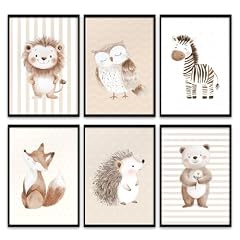 Marvelights Lot de 6 Affiches Chambre D'enfant - Images Décoration Chambre Bébé, Enfants Garçon i Fille (din A4 Sans Cadre) (animaux blanc cassé)
