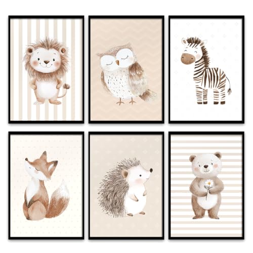 Marvelights Lot de 6 Affiches Chambre D'enfant - Images Décoration Chambre Bébé, Enfants Garçon i Fille (din A4 Sans Cadre) (animaux blanc cassé)