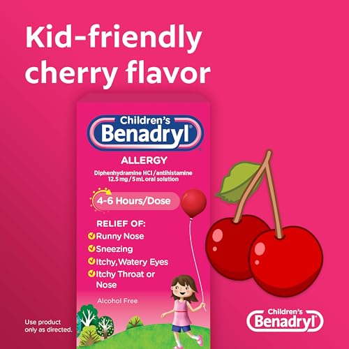 Benadryl Children\'s Allergy Relief Liquid Medicine with Diphenhydramine HCl Antihistamine for Kids\' Allergy Relief, Effective Allergy Relief, Cherry Flavor, 8 fl. oz - Thumbnail 4