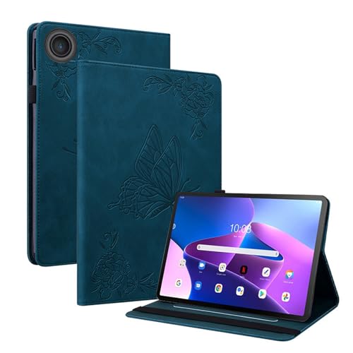 LMFULM® Hülle für Lenovo Tab K10c TB-311 (10,1 Zoll) PU Lederhülle Tasche Smart Hülle mit Ständer Schutzhülle Flip Cover Prägung Schmetterling Blau
