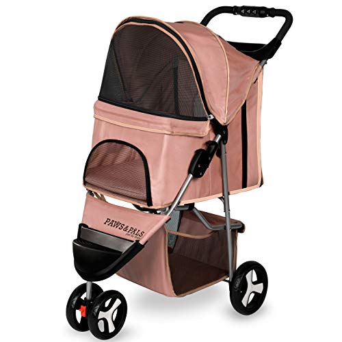 Paws & Pals 3 Wheeler Elite Jogger Pet Stroller Cat/Dog Easy to Walk Folding Travel Carrier, Beige